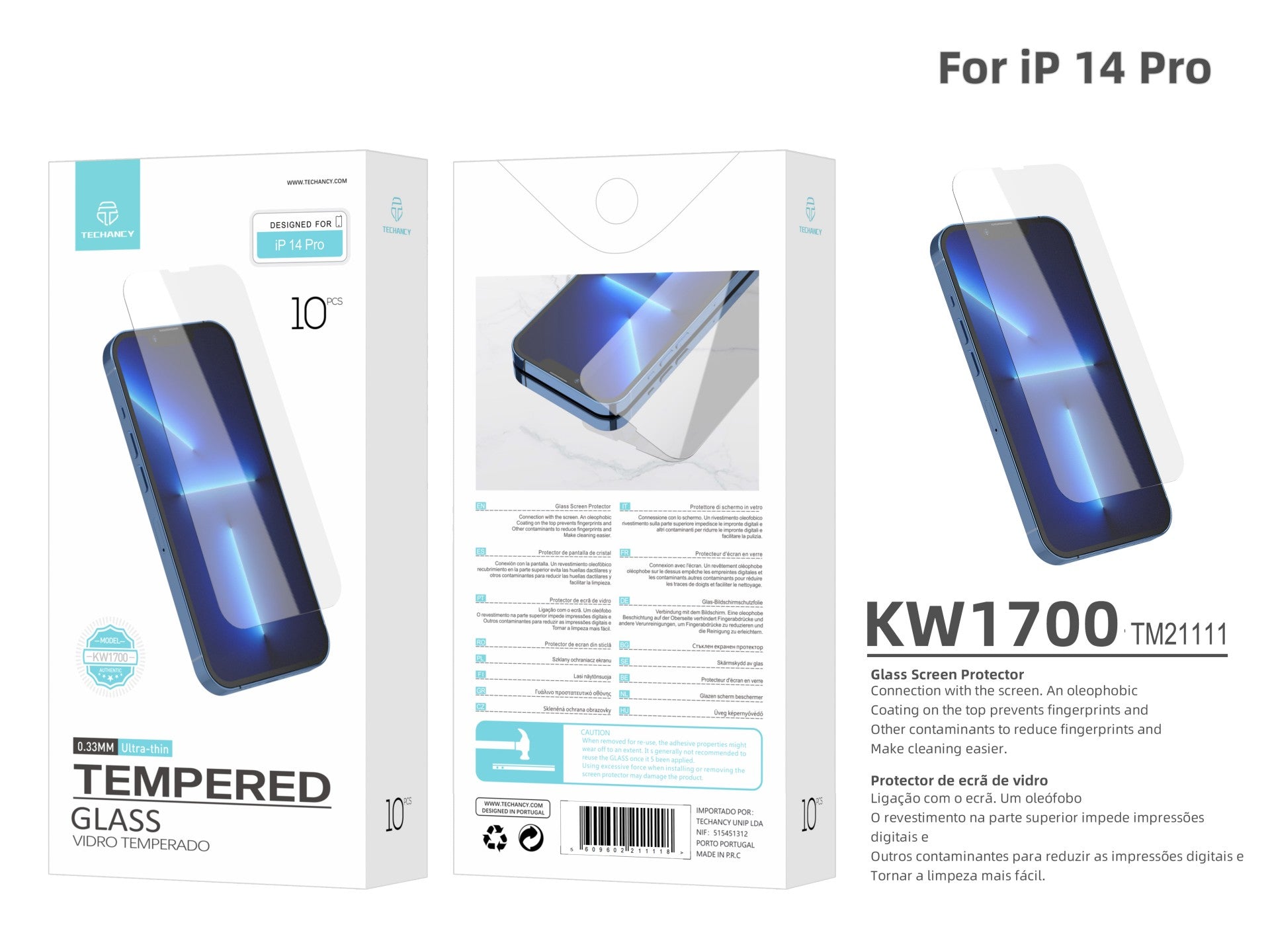 Techancy Película de Vidro Temperado  para iPhone 14 Pro KW1700 , 0.33MM, Anti-riscos, Alta Transparência, Fácil Aplicação