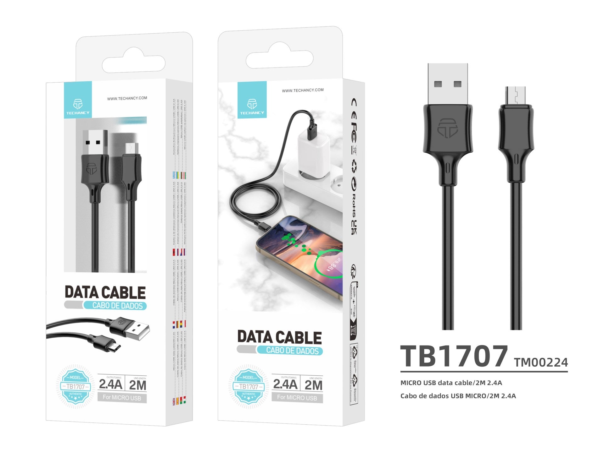 Cable de datos USB-Micro Techancy TB1707 negro, 2 m de distancia, carga de 2,4 A, compatible con dispositivos Micro