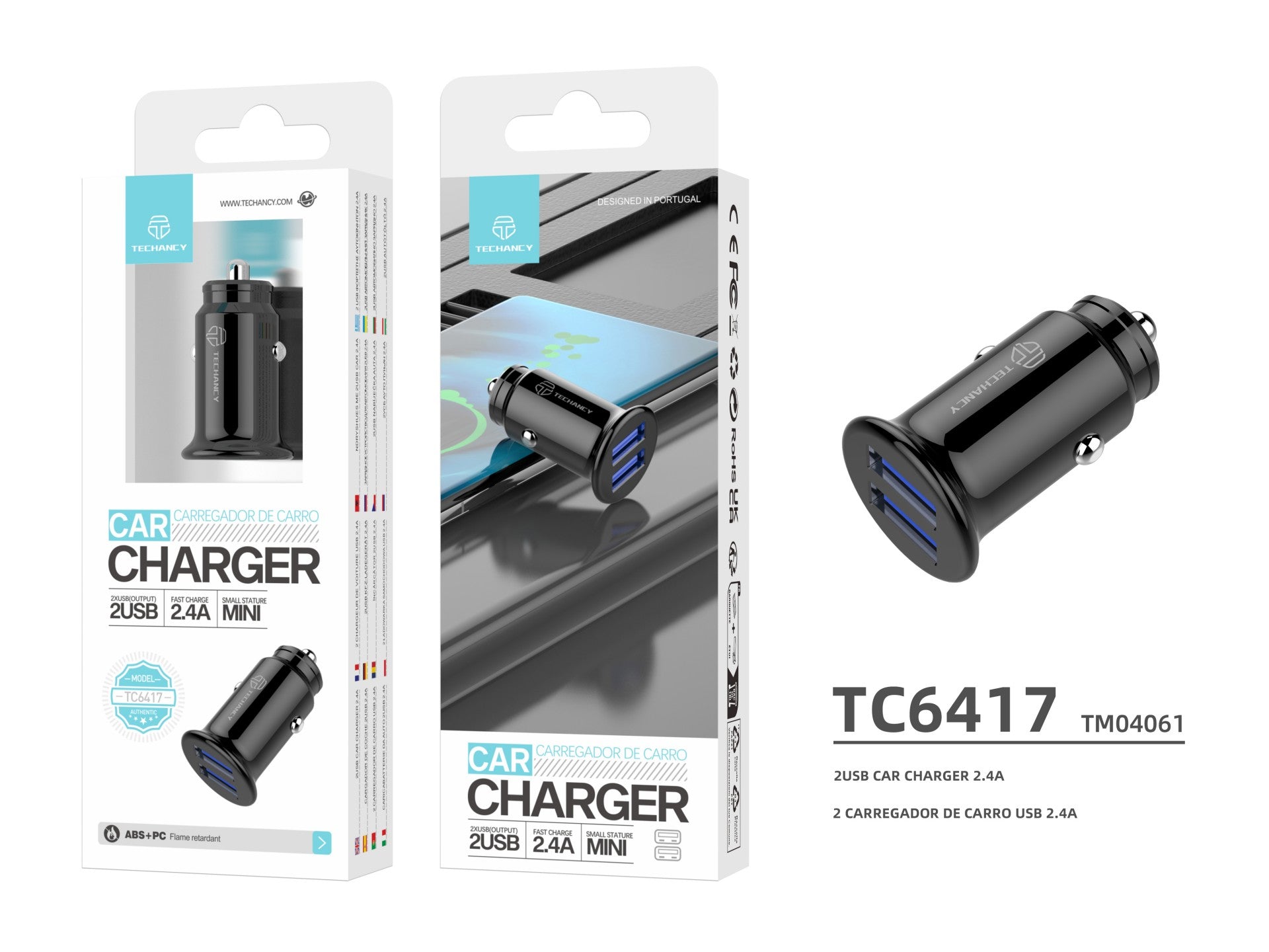 Cargador mini para coche Techancy TC6417, 2,4 A, 2 puertos USB, compatible con camiones y coches, color negro