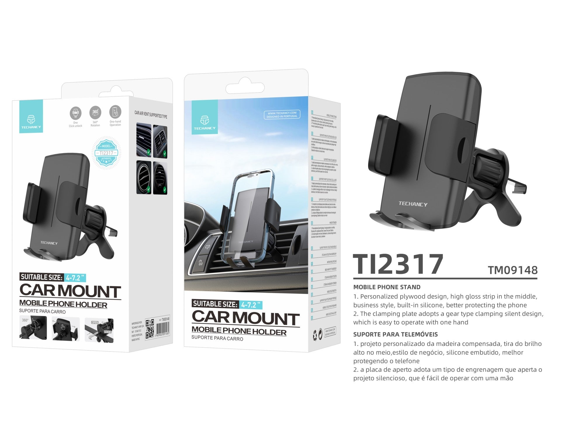 Soporte para teléfono de coche Techancy Ti2317, negro, de 4 a 7,2 pulgadas, para ventilación