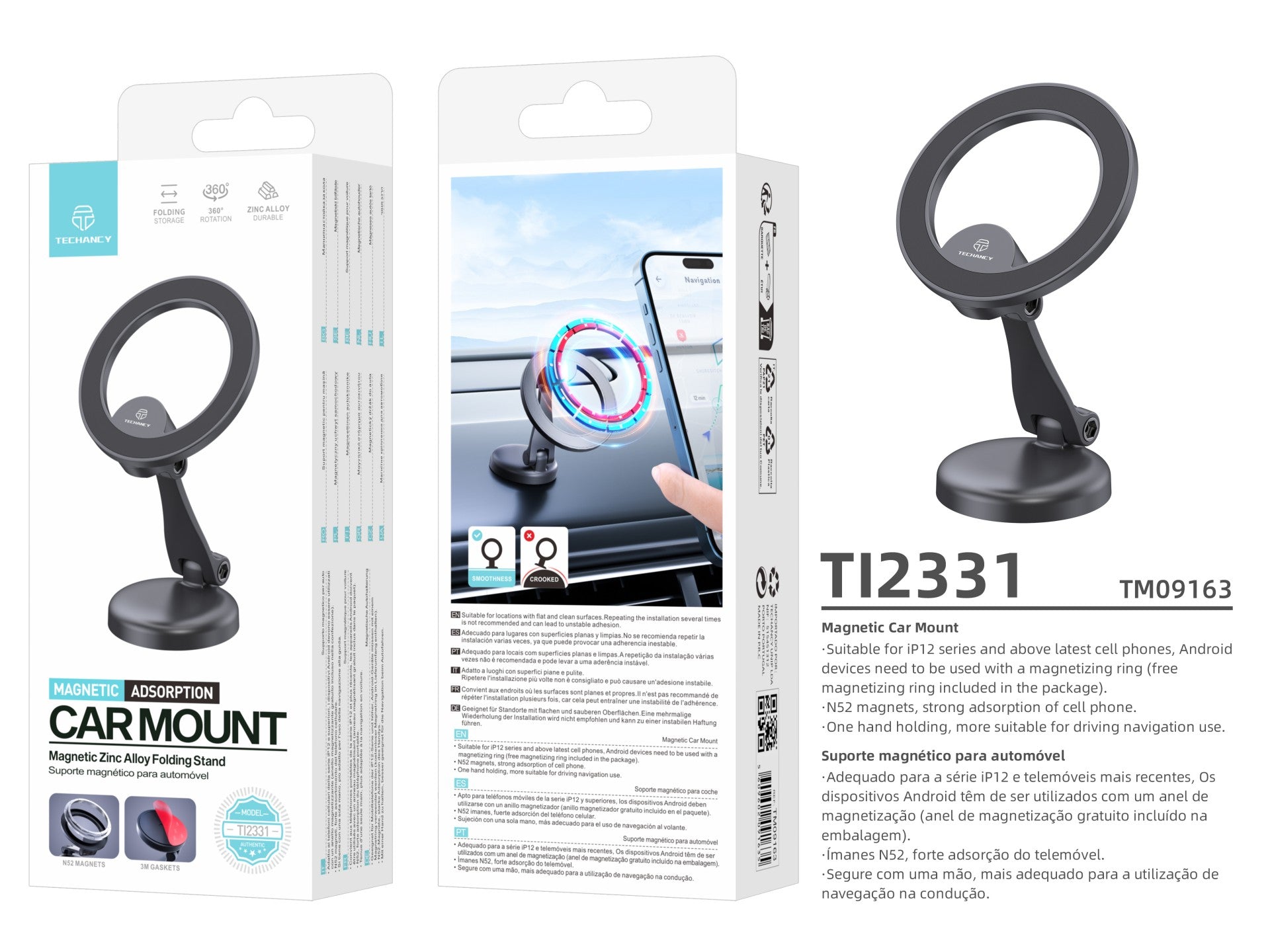 Techancy Suporte Magnético Para Telemóvel Preto Ti2331, Compatível Com Magsafe-Iphone 12-16, Suporte Dobrável Com Rotação De 360
