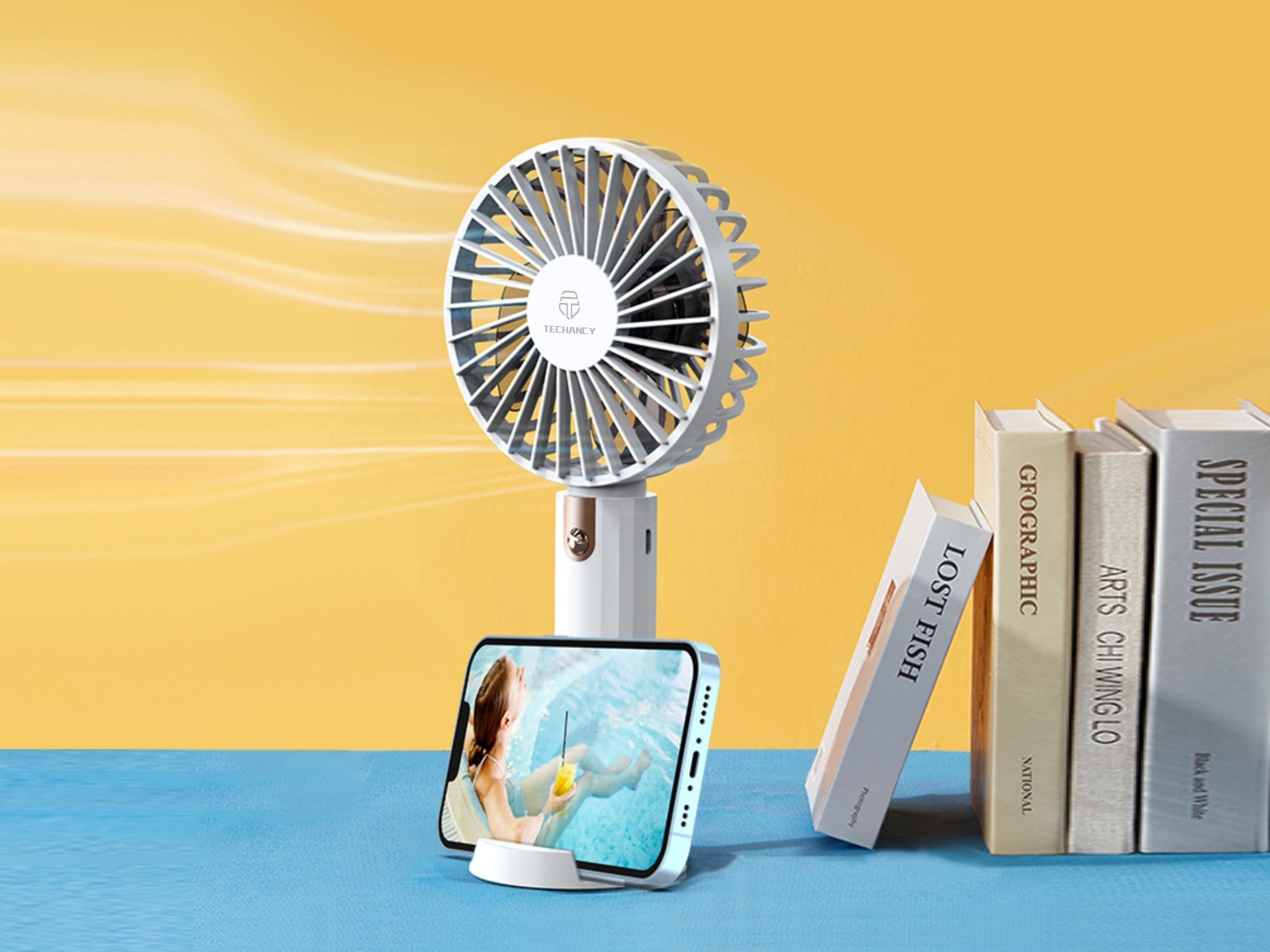 Ventilador portátil Techancy KL7304 blanco, ajustable a 3 velocidades, con soporte para escritorio
