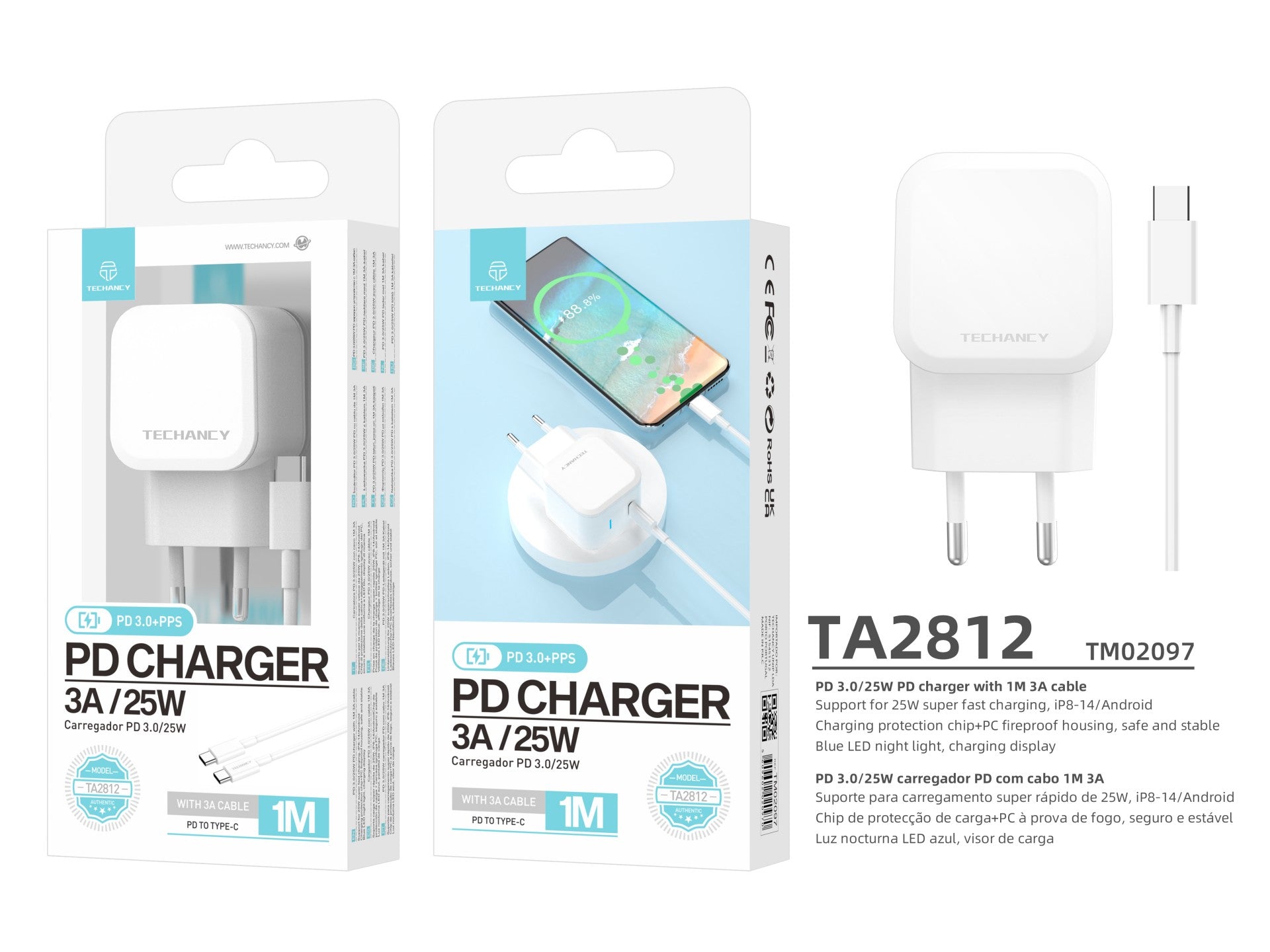 Techancy 25w Usb C Pd Charger White TA2812, Usb C To Usb C 3a Fast Charging Cable Kit.