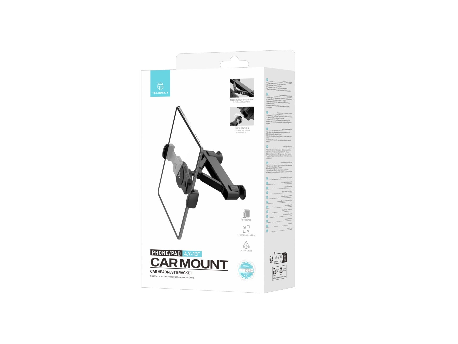Techancy Suporte Para Banco Traseiro Do Automóvel TI2322, Para Dispositivos De 4,7-13 Polegadas Giro De 360 Preto