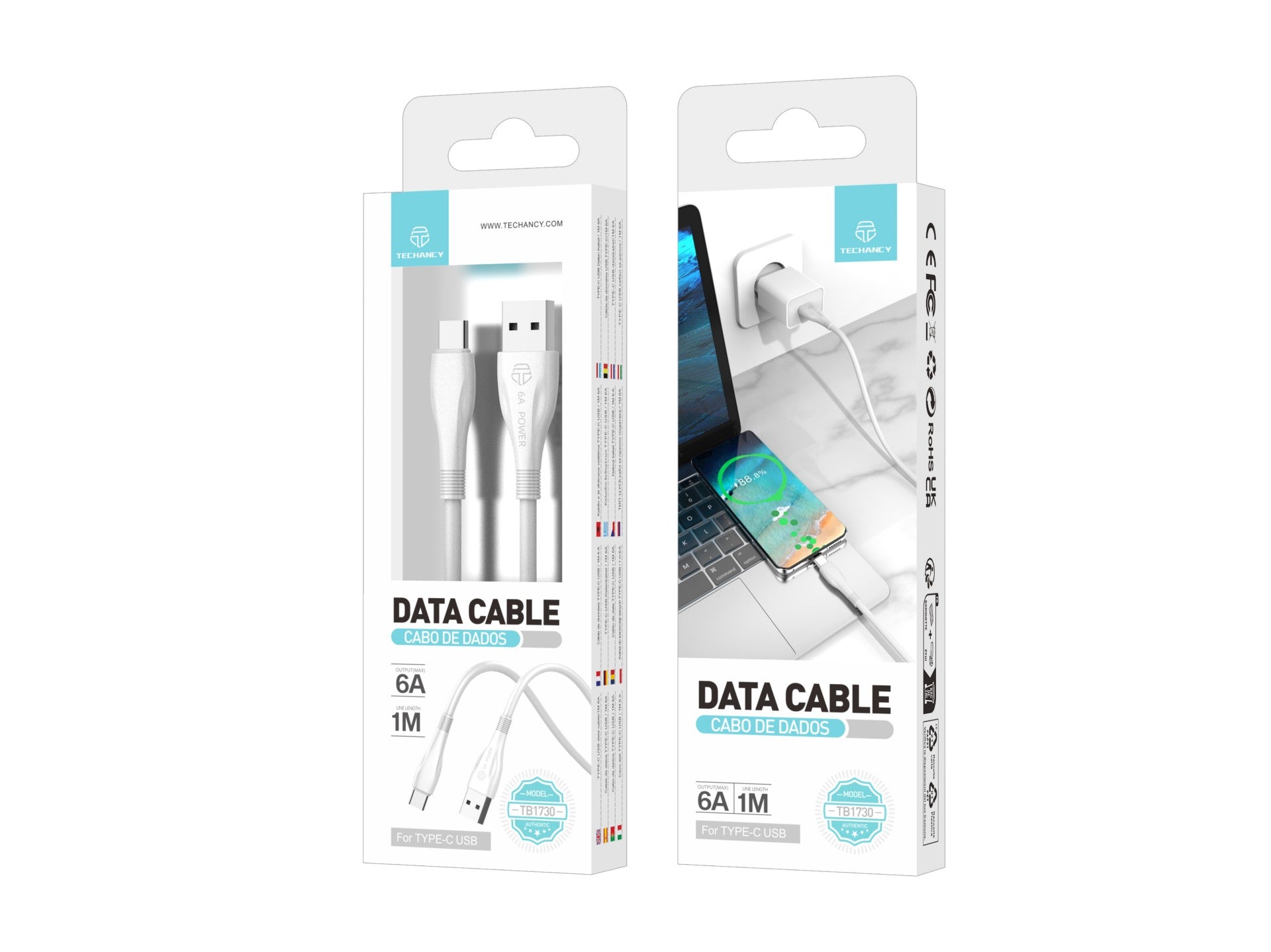 Cable de datos de carga superrápida Techancy 6A blanco TB1730, puerto USB tipo C, 1 m de largo, carga rápida
