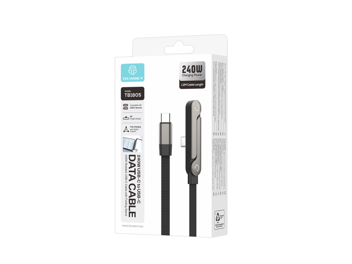 Cabo USB-C para USB-C 240W TECHANCY TB1805, 1,2 m, Suporte Dobravel, Nylon Entrancado, Ficha 90°, Dados 480 Mbps