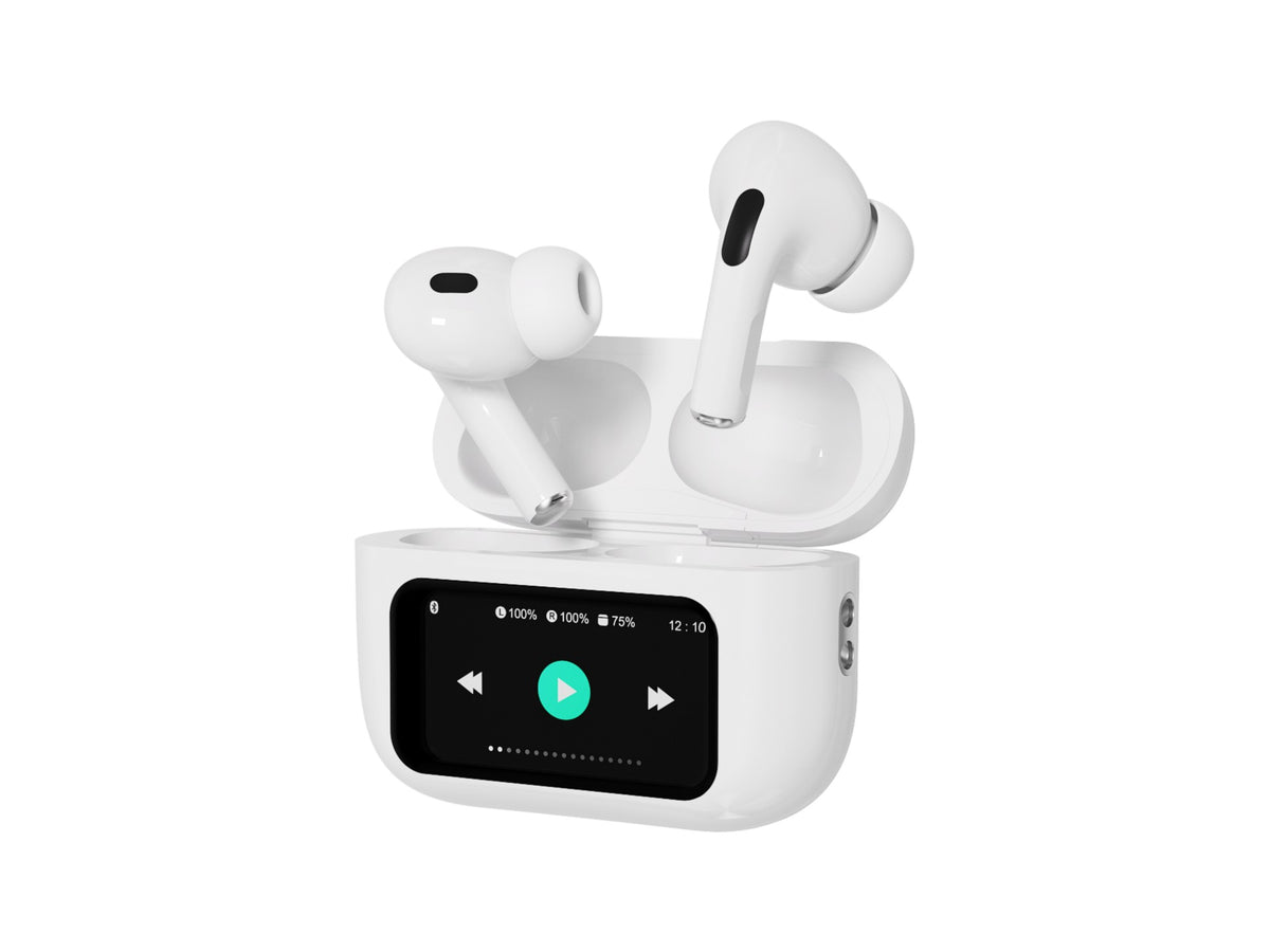 Auriculares Bluetooth TWS Techancy KP2716, Bluetooth 5.4, HiFi, ANC e ENC, Ecra Tatil, Caixa 300mAh, Autonomia 4h, Branco