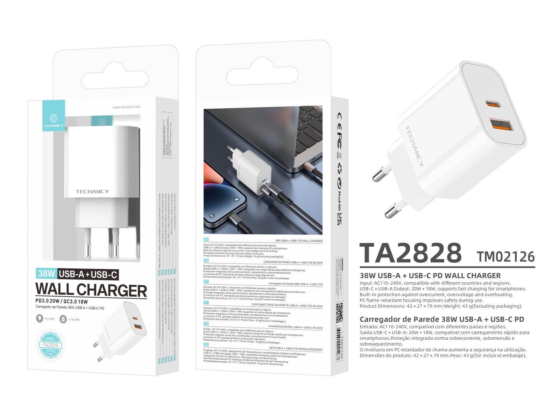 Techancy Carregador 38W USB A e USB C PD QC3.0 TA2828 Carregamento rapido para iPhone Android Tablet Adaptador EU Branco