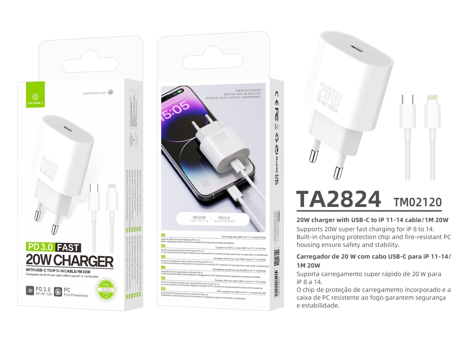 Techancy TA2824 PD3.0 20W Charger with USB-C to Lightning Cable Compatible with iPhone 8 to 14 Series