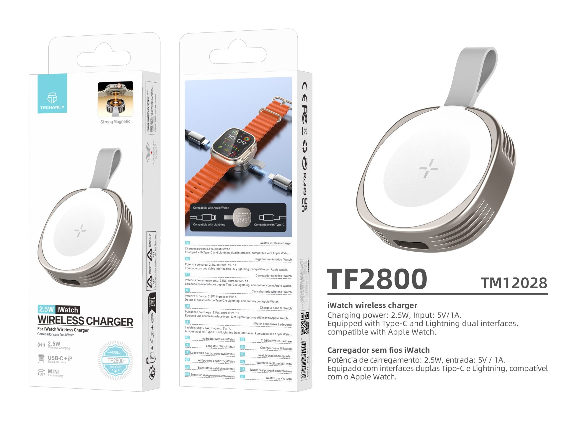 Cargador inalámbrico Techancy iWatch TF2800 de 2,5 W, imán potente, USB-C/Lightning, compacto, compatible con Apple Watch