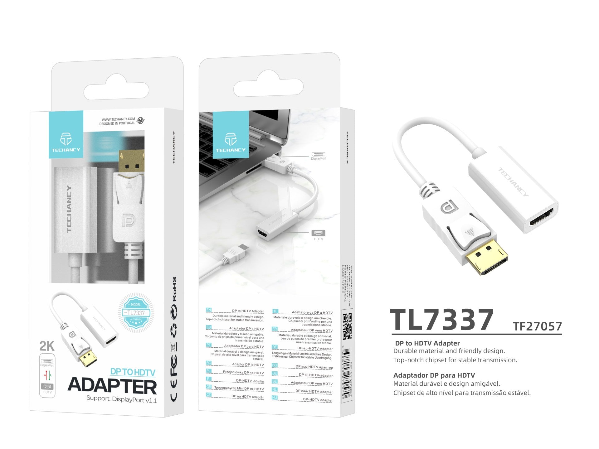 Adaptador de vídeo Techancy DP para HDTV, TL7337, transmissão HD 2K, branco