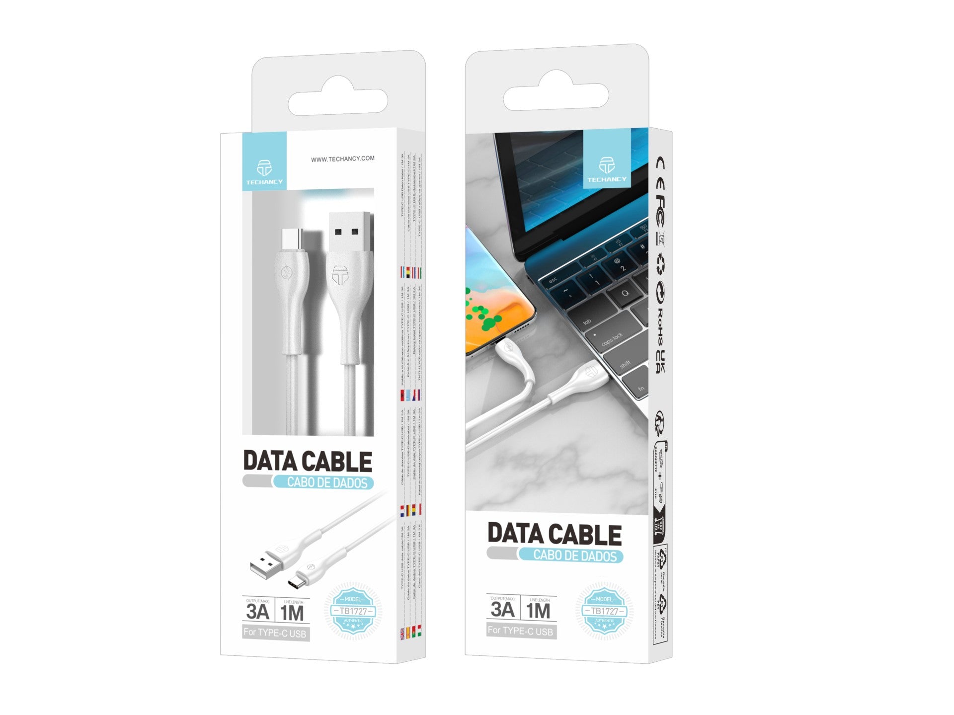 Techancy Cabo De Dados 1m Branco  TB1727, Porta Usb Tipo C 3a De Carregamento Rápido, Adequado Para Muitos Dispositivos