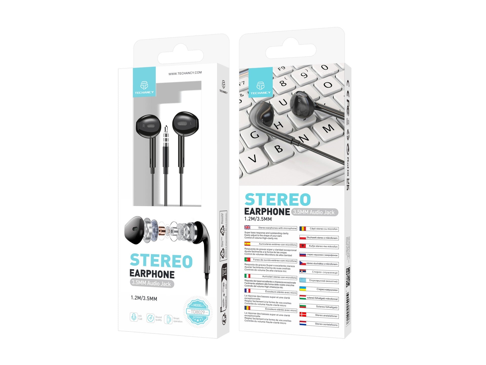 Techancy Auscultadores Intra-Auriculares Pretos 1,2 M TD8029, Com Controlo De Volume Do Microfone, Conetor De 3,5 Mm