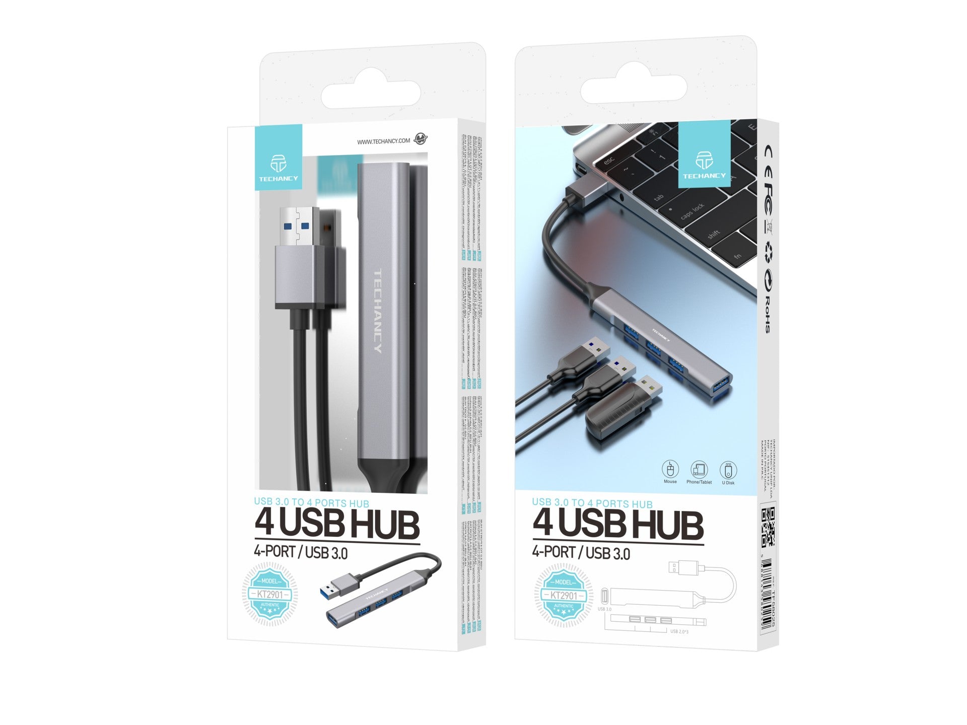 Techancy USB 3.0 Hub, USB 4-in-1, KT2901, USB Hub Extender, Gray