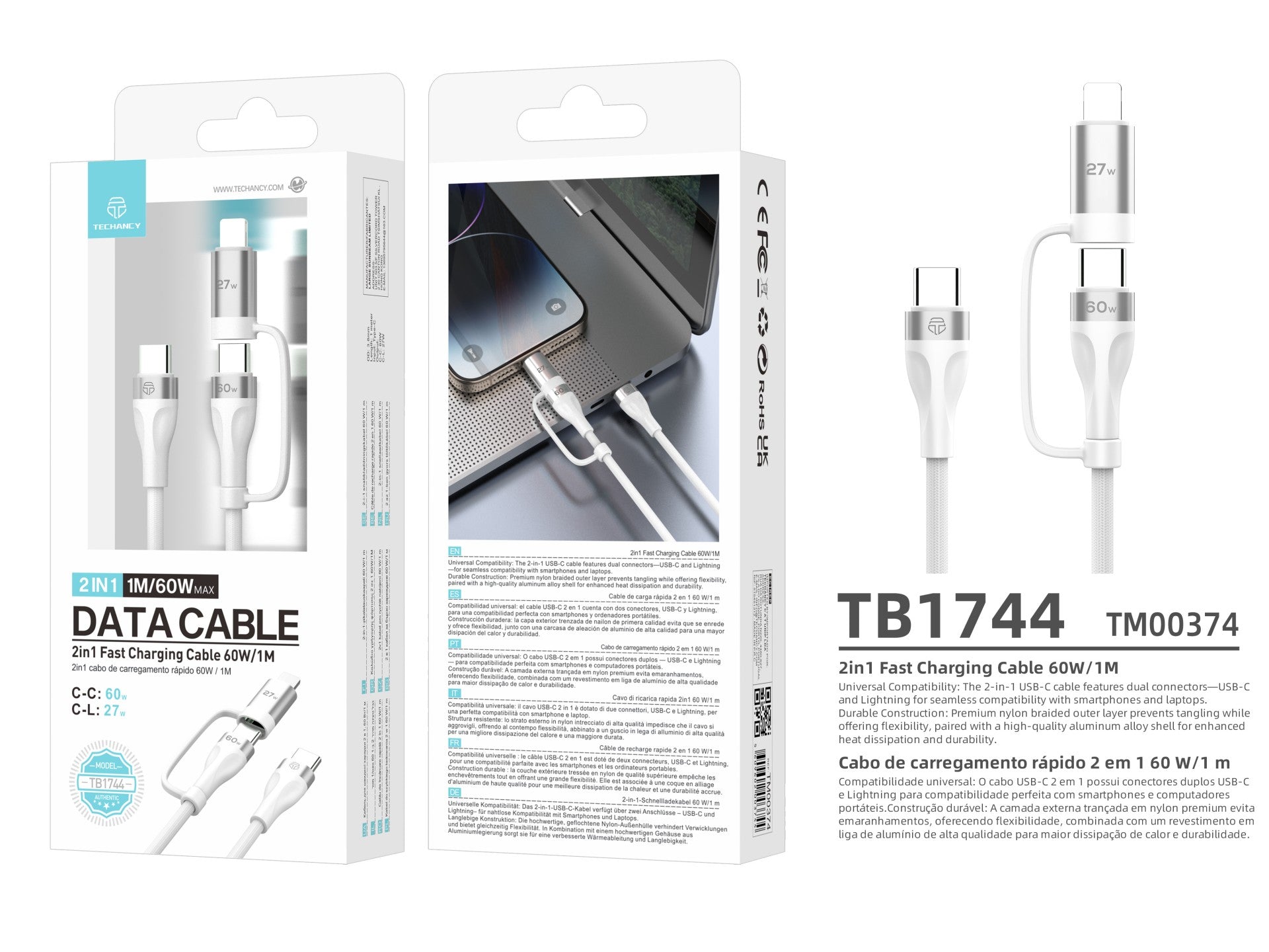 Techancy Cabo de carregamento rápido 2 em 1 TB1744 1m USB-C para USB-C 60W e USB-C para Lightning 27W cabo durável para vários dispositivos