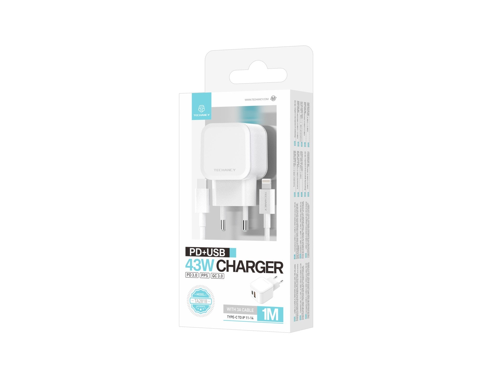 Techancy Fast Charger 43W White TA2813, Dual Port PD+USB, USB C to Lightning Cable Set 1m/30w