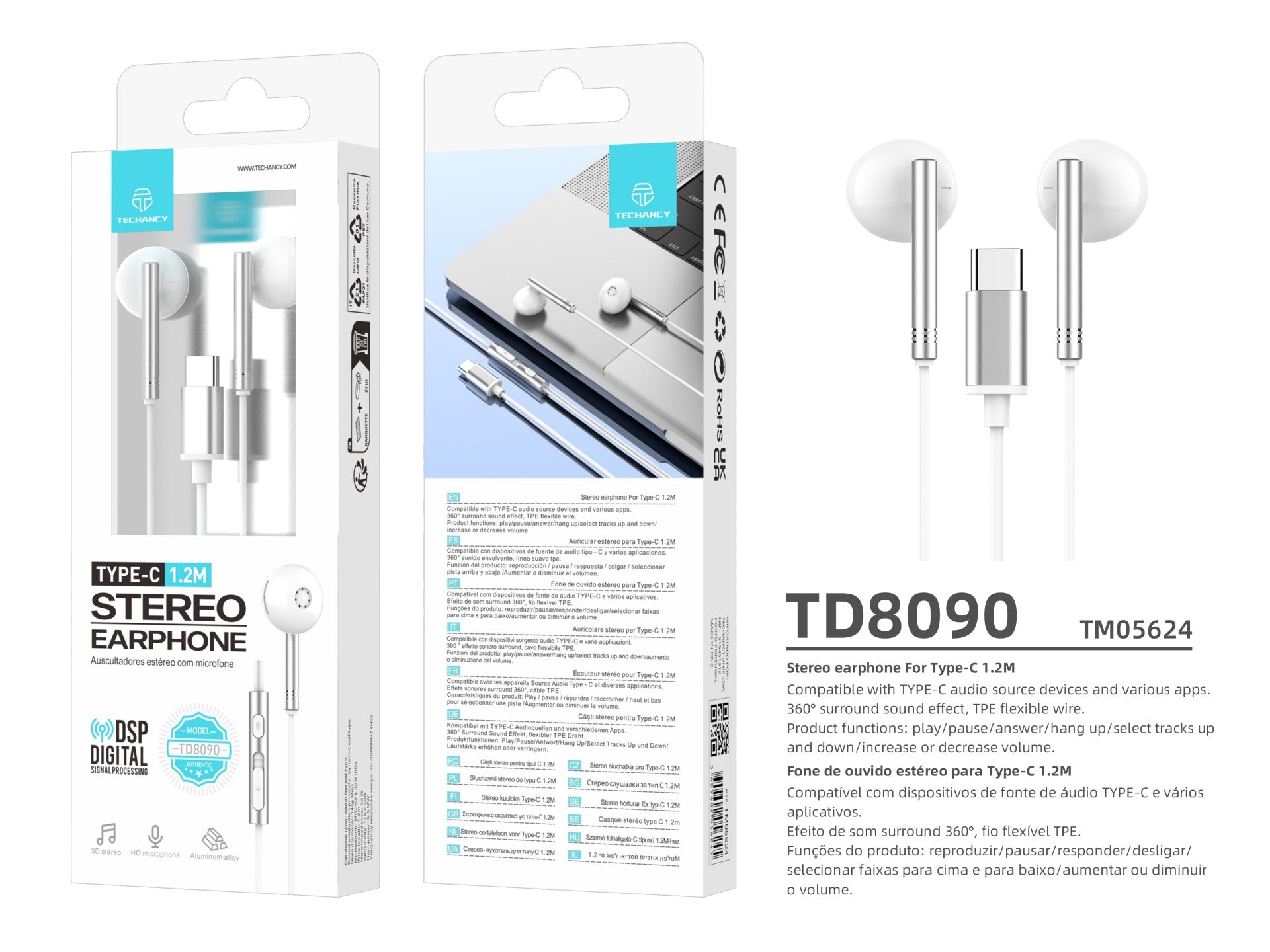 Techancy Auscultadores Estéreo Em Metal Branco TD8090, Porta Dsp/Type-C Compatível Com Samsung/Huawei/Xiaomi, Etc.