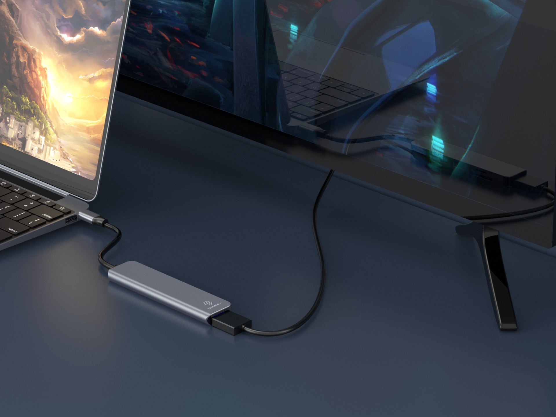 Techancy Hub USB-C 6 em 1 KT2909 com HDTV, PD, USB 3.0/2.0 e Leitor TF/SD, Compativel com PC e Telemovel, Cinzento
