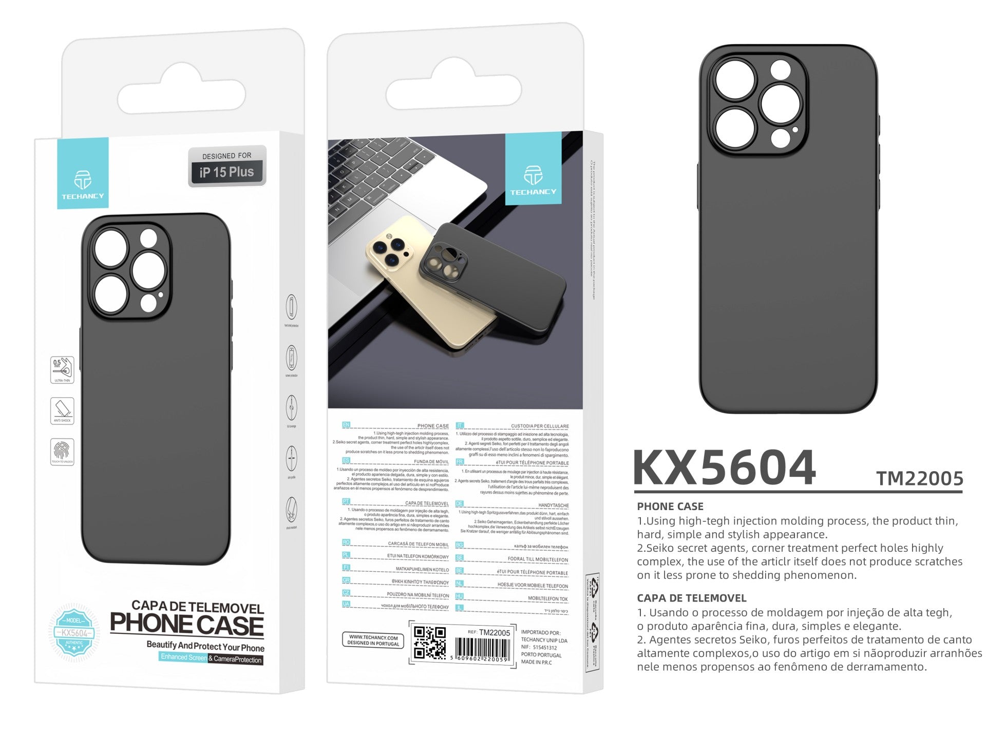 Funda ultradelgada para teléfono móvil Techancy KX5604, color negro, compatible con iPhone 15 Plus, material PP de 0,5 mm.
