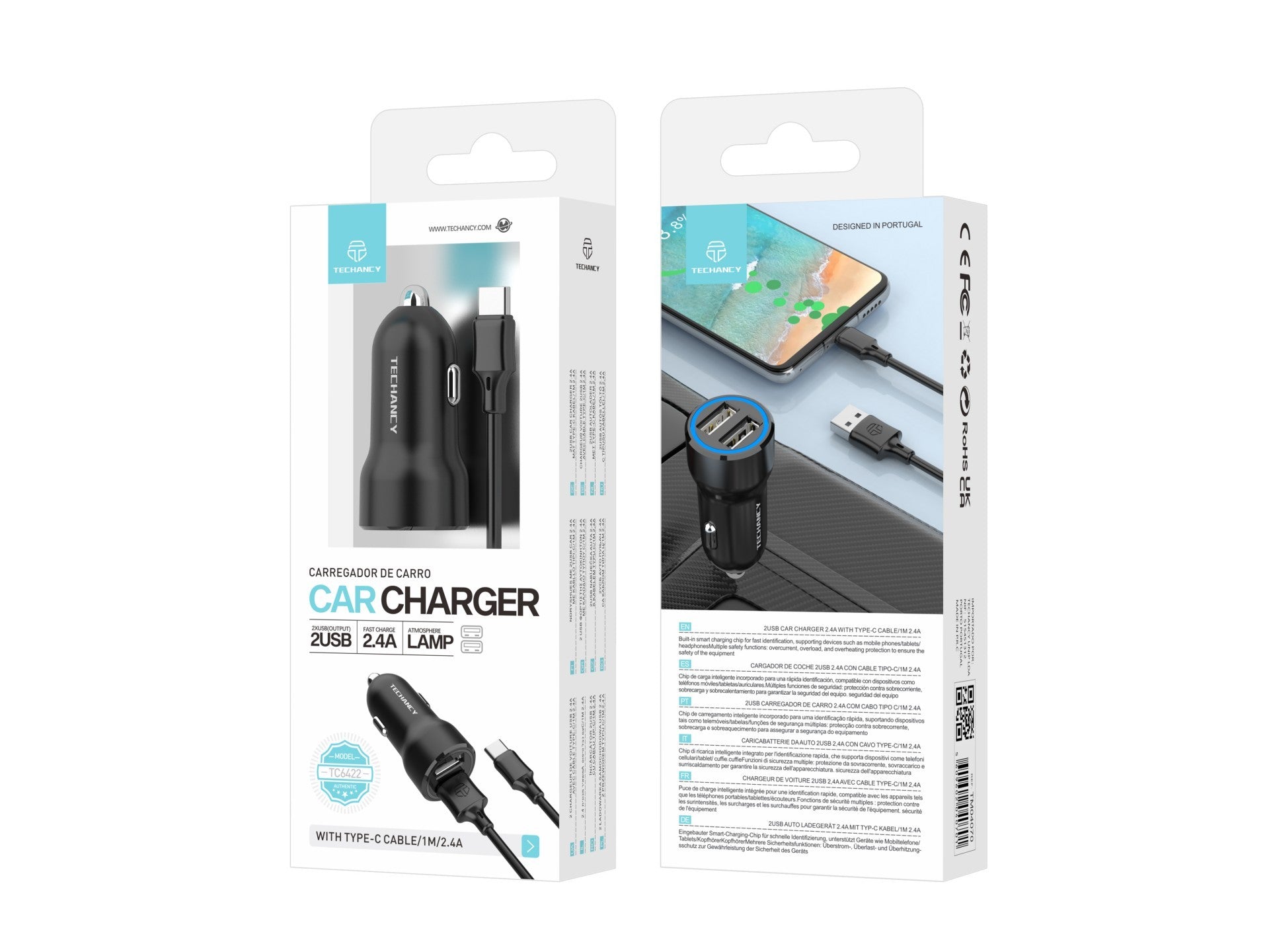 Techancy 2-Port 2.4A Car Charger with Type-C Cable/1M TC6422 Black, Fast Charging, Multiple Protection