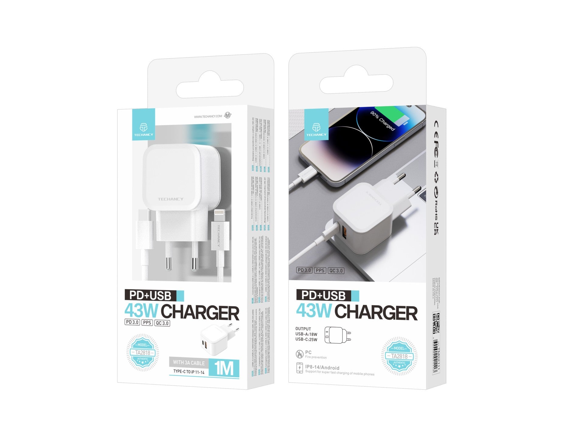 Techancy Fast Charger 43W White TA2813, Dual Port PD+USB, USB C to Lightning Cable Set 1m/30w