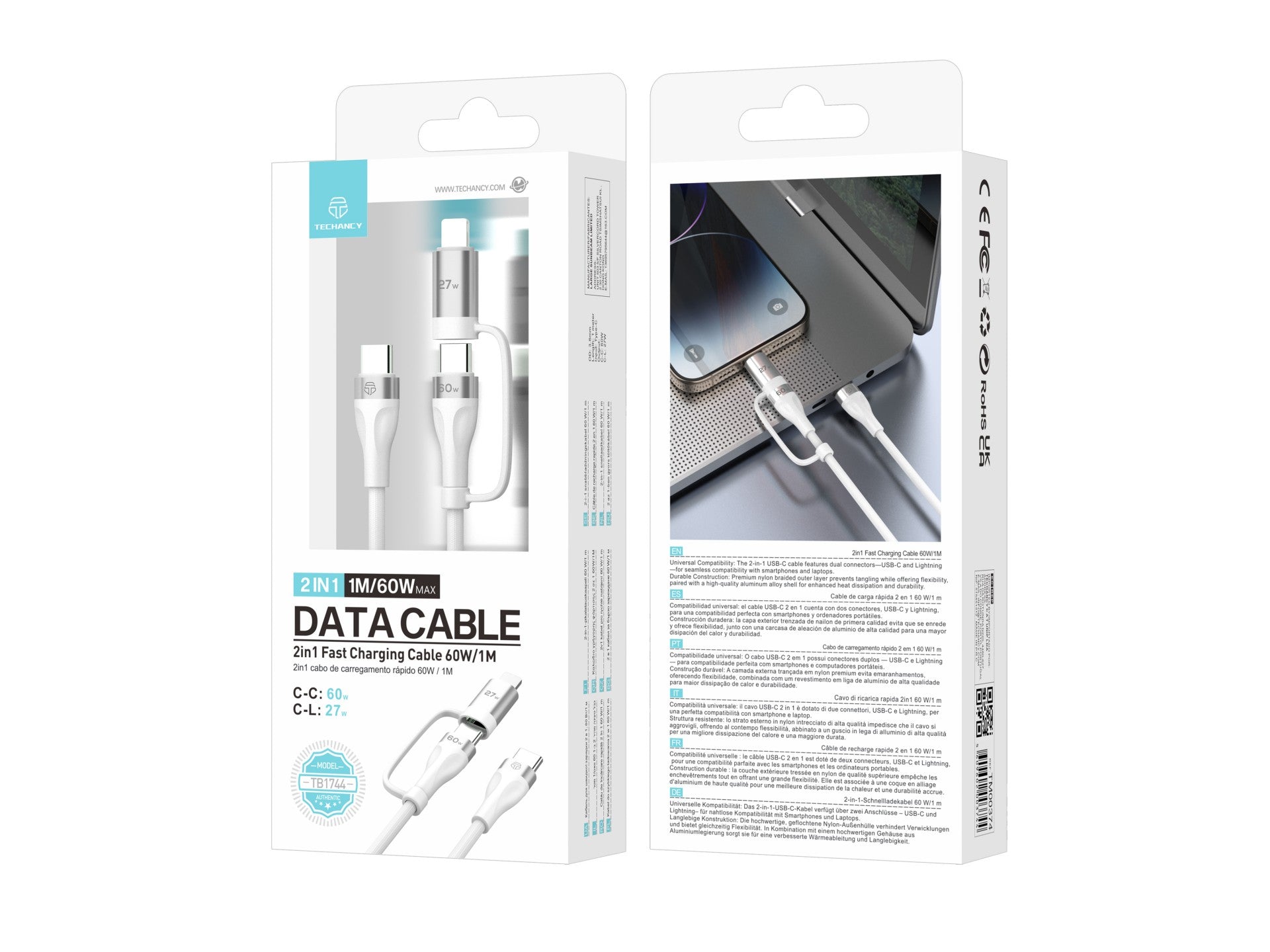 Techancy Cabo de carregamento rápido 2 em 1 TB1744 1m USB-C para USB-C 60W e USB-C para Lightning 27W cabo durável para vários dispositivos