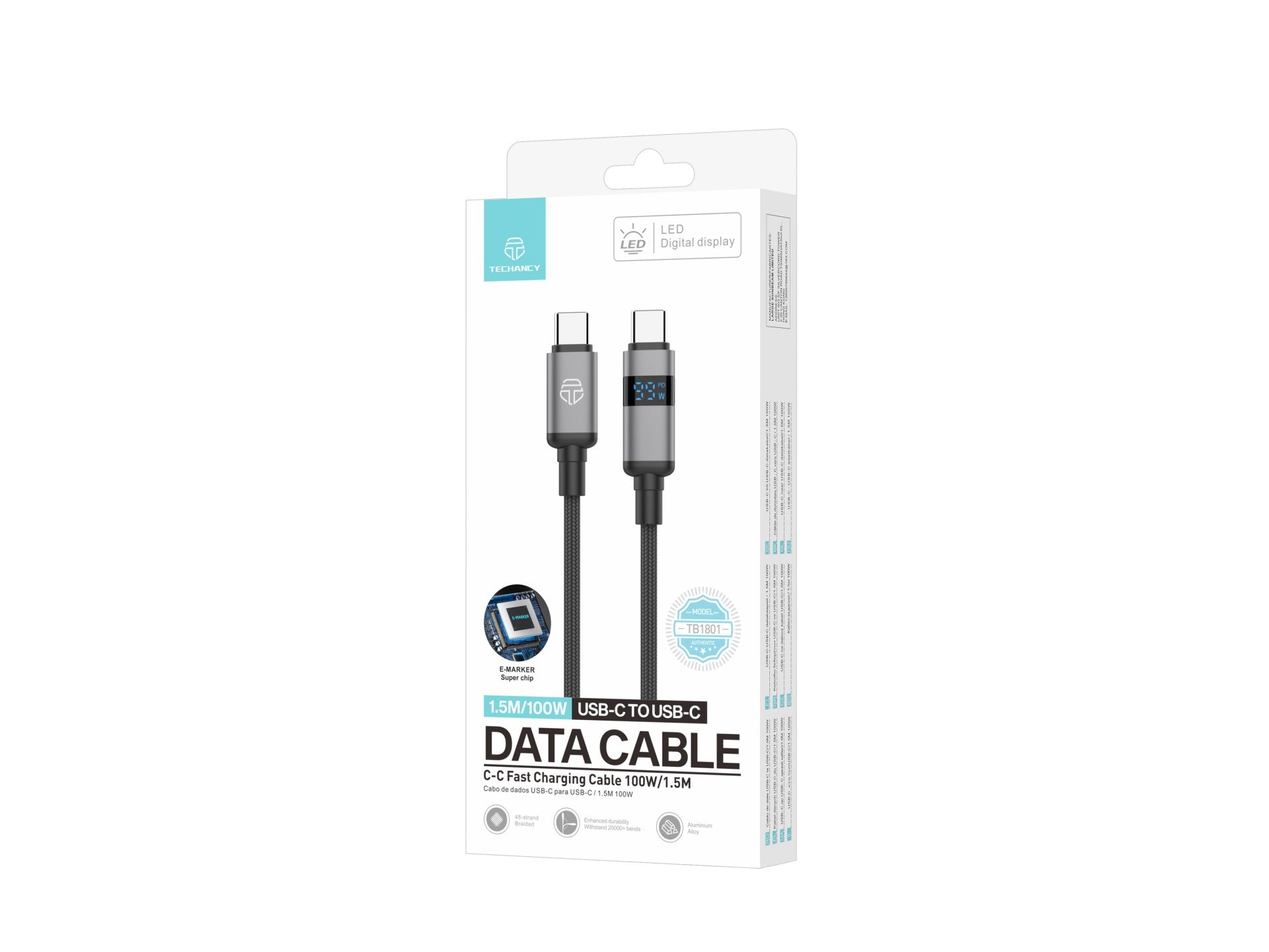Techancy Cabo USB-C para USB-C TB1801, 100W, 1.5m Preto, Tela LED de Potência, Conector de AlumInio, Fio Trancado