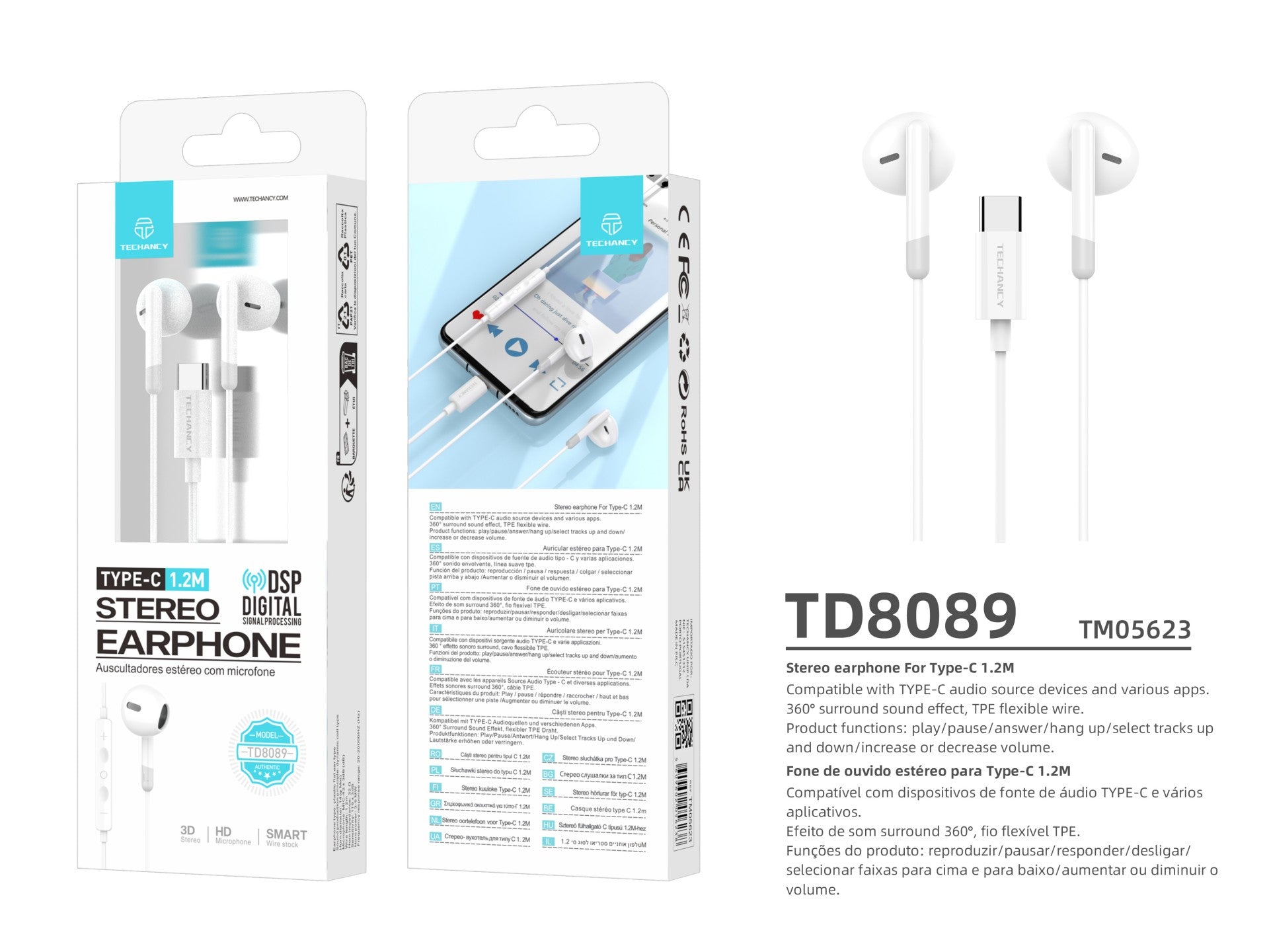 Techancy Auscultadores Estéreo Para Música TD8089 Branco, Interface Dsp/Type-C Compatível Com Samsung/Huawei/Xiaomi, Etc.