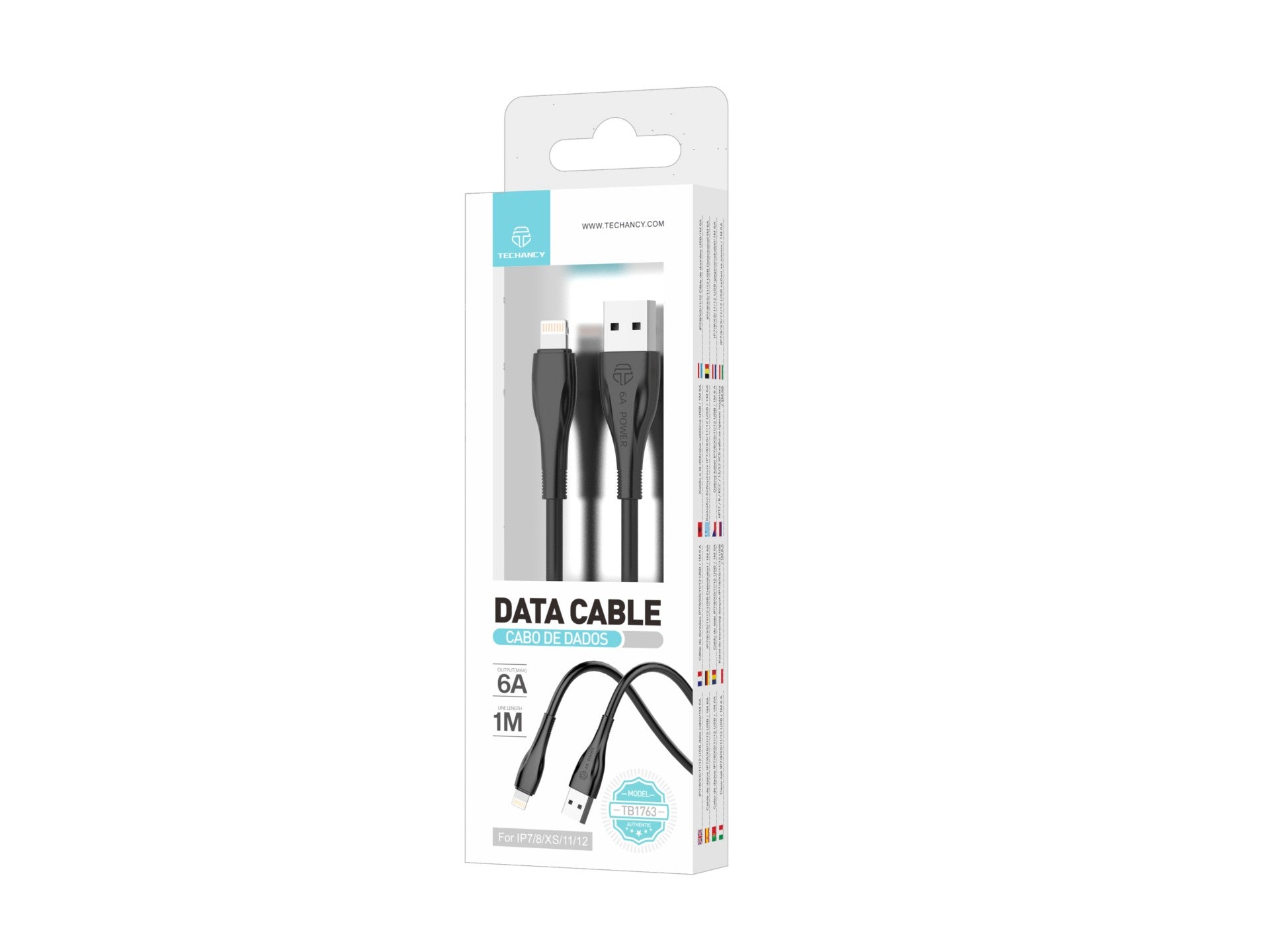 Cable de datos de carga superrápida Techancy 6A, negro TB1763, puerto USB-Tip8/X/11-14, 1 m de longitud, carga rápida