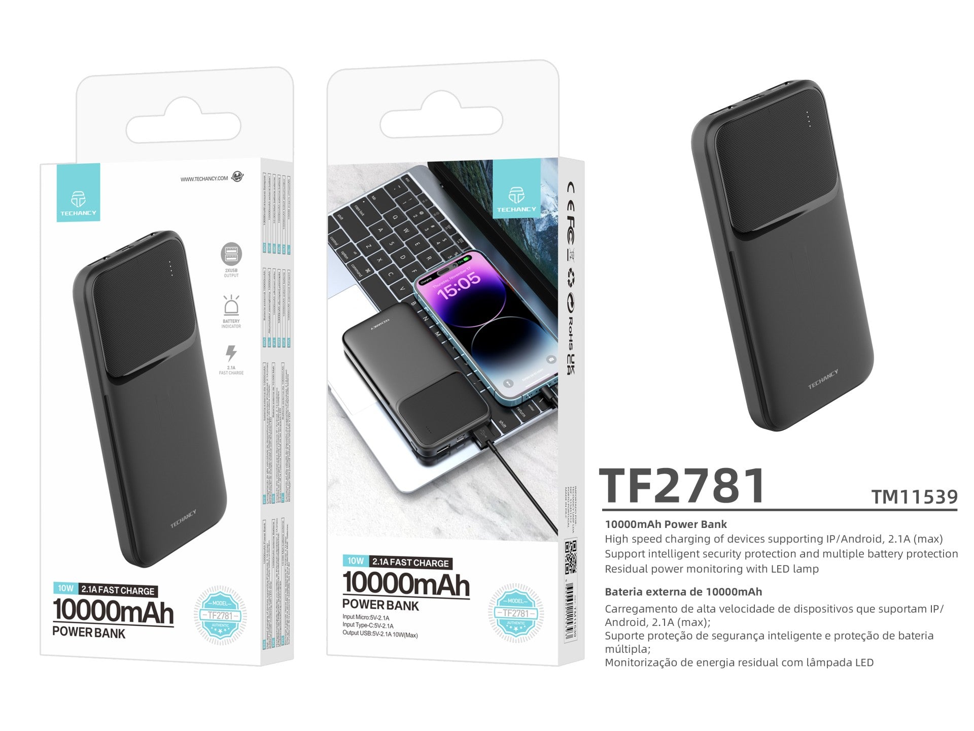Techancy Power Bank 10000mah Negro TF2781, ¡Carga rápida de 10w para teléfonos inteligentes, tabletas y más!