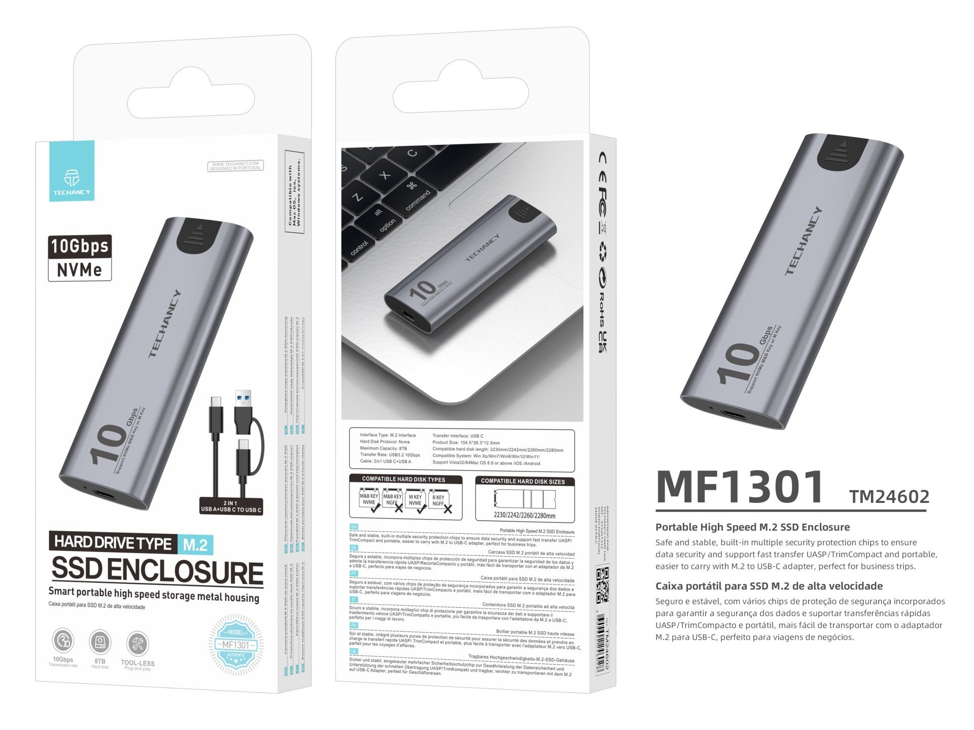 Techancy Caixa SSD M.2 NVMe portátil de alta velocidade MF1301 Cinza , 10 Gbps com USB-C, compatível e fácil de transportar