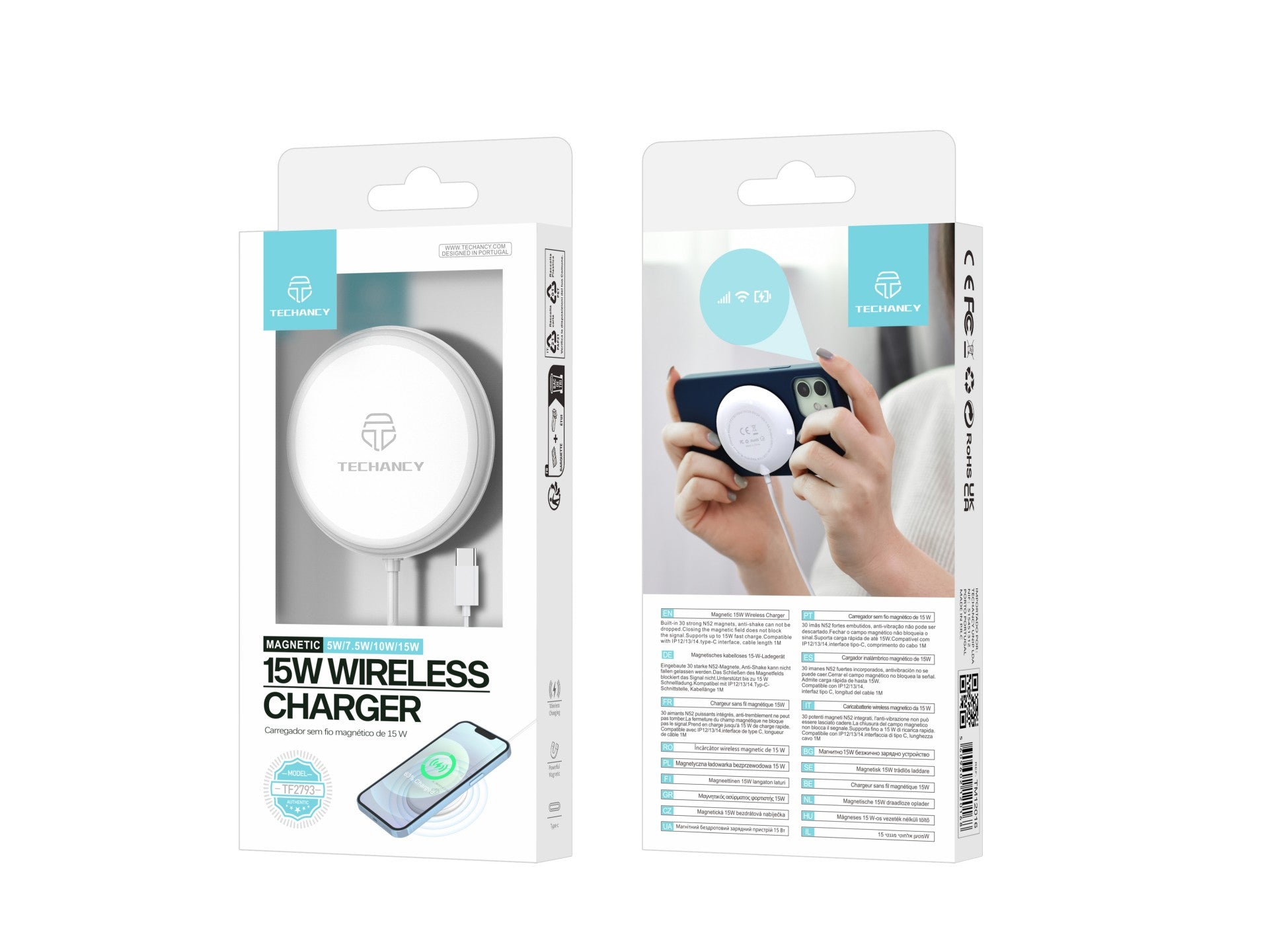 Techancy Carregador Sem Fio Magnético 15w TF2793, Compatível Com Iphone 12 E Acima, Compatível Magsafe, Porta Usb-C