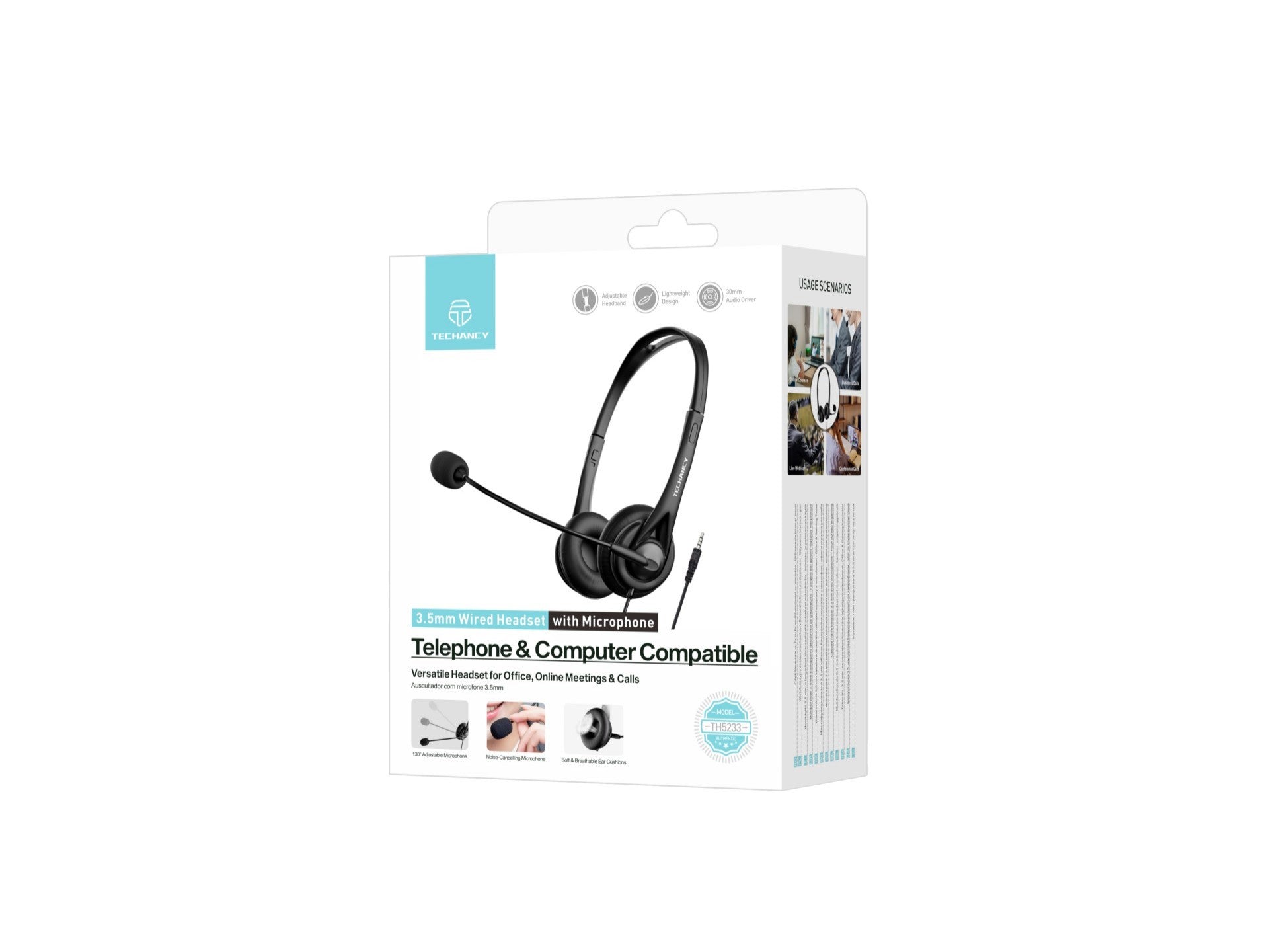Techancy TH5233 Wired 3.5mm Binaural Headset with Noise-Cancelling Microphone for Call Centers, Offices, Meetings, and Gaming. Compatible with PC, Mobile Phones, and Consoles.