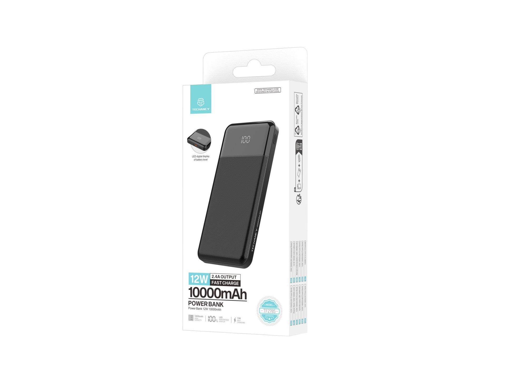 Techancy Power Bank TF2785 10000mAh Carregamento Rápido 12W Saída 2.4A Ecrã LED Compatível com iPhone/Android Proteção Inteligente Preto