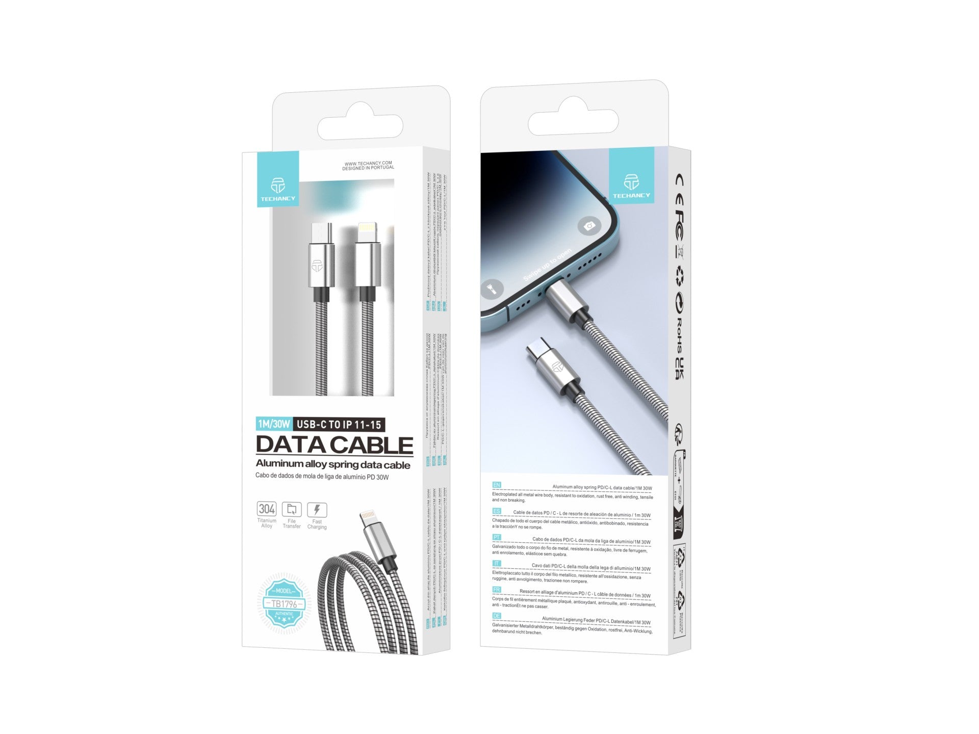 Techancy Cabo Usb C Para Lightning 1m TB1796, Design Totalmente Metálico, Resistente A Animais, Carregamento Rápido De 30 Watts