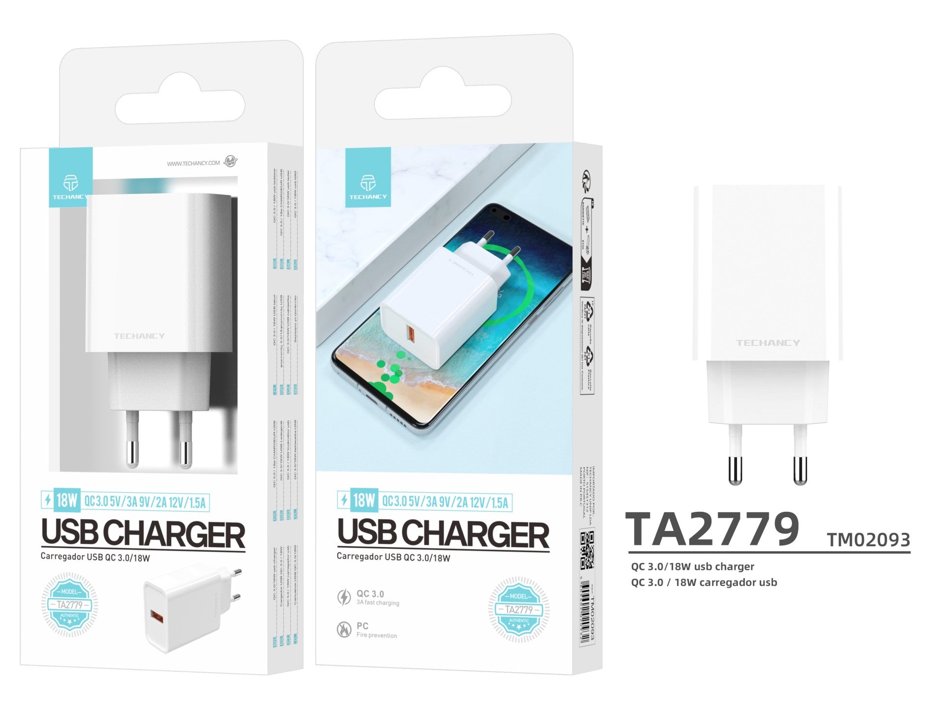 Techancy Carregador Qc3.0 18w Branco TA2779,Compatível Com Samsung,Xiaomi,Huawei Etc,Carregamento Rápido De 18w.