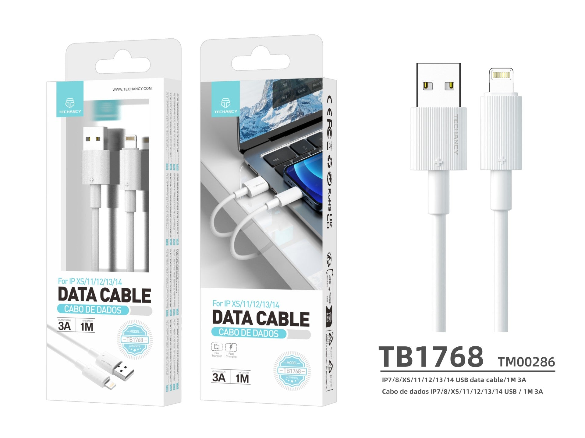 Techancy Cabo De Dados Usb-Lightning Branco TB1768, Comprimento 1m Suporta Corrente De 3A E Transferência De Dados De 480mbps,
