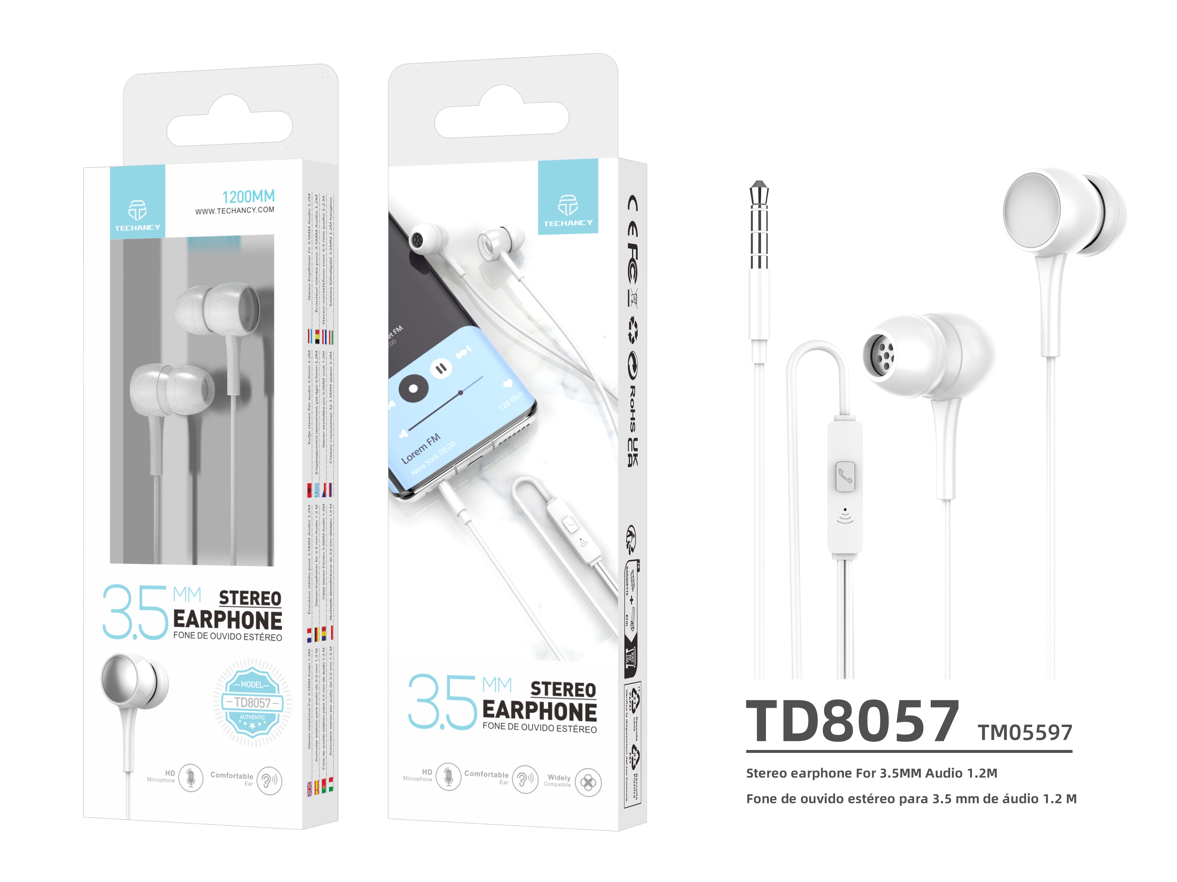 Techancy Auscultadores Intra-Auriculares Com Fios Brancos 1,2 M TD8057, Tomada De 3,5 Mm Compatível Com Telemóveis/Pc/Mp3, Etc.