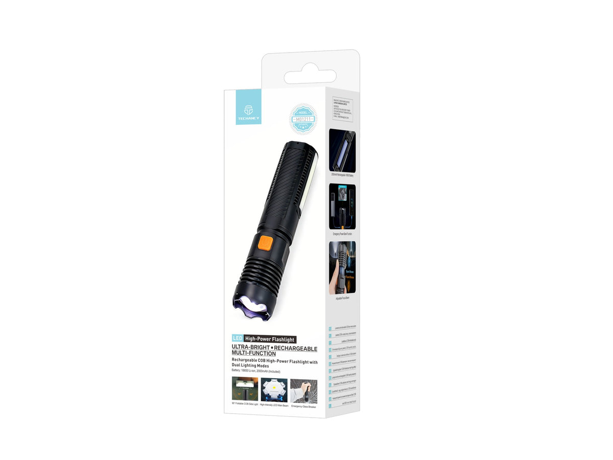 Techancy MO1211 Rechargeable LED Flashlight with COB Light, USB-C, Power Bank Function, Light Modes, for Outdoor Use, Black