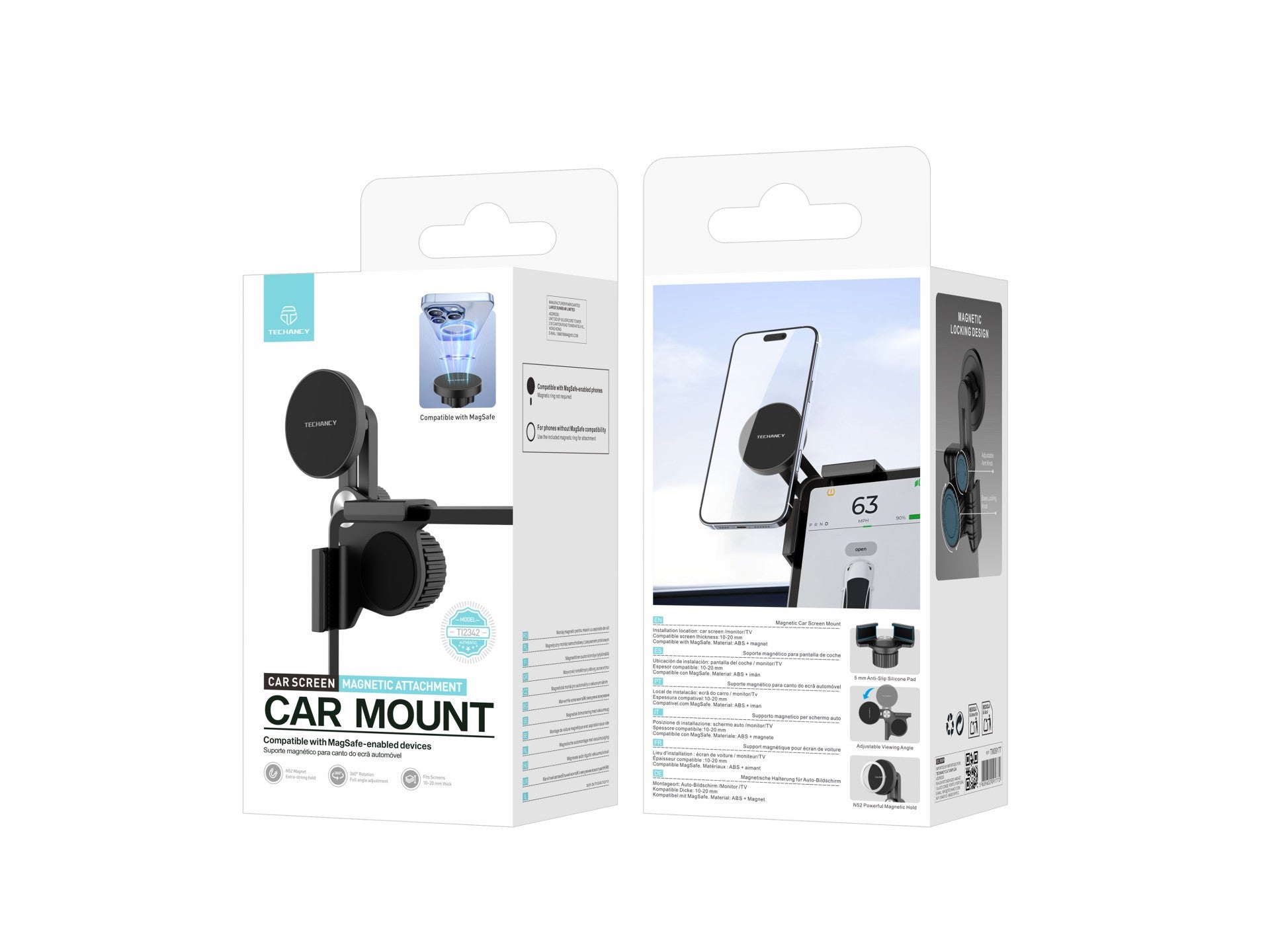 Techancy Magnetic Car Mount TI2342 Compatible MagSafe For Car Screen Monitor Thickness 10-20mm ABS Material Magnet Black