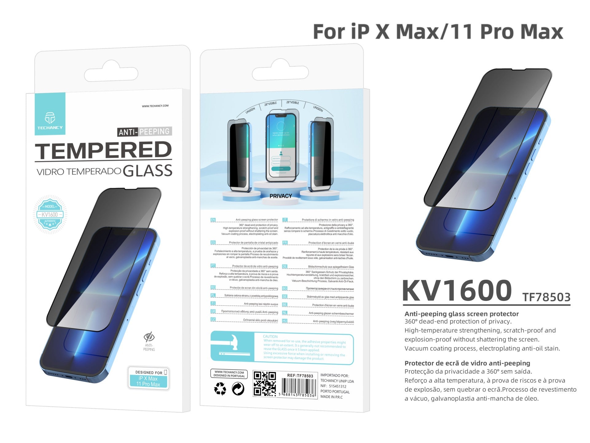 Protetor de ecrã premium para smartphone Techancy, protetor de privacidade, KV1600, compatível com iPhone Xs Max/11 Pro Max