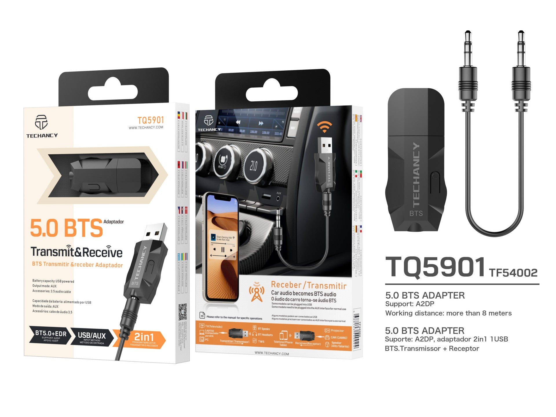 Adaptador Bluetooth sem fios 2 em 1 Techancy, TQ5901, suporta transmissão e receção de áudio Bluetooth, preto