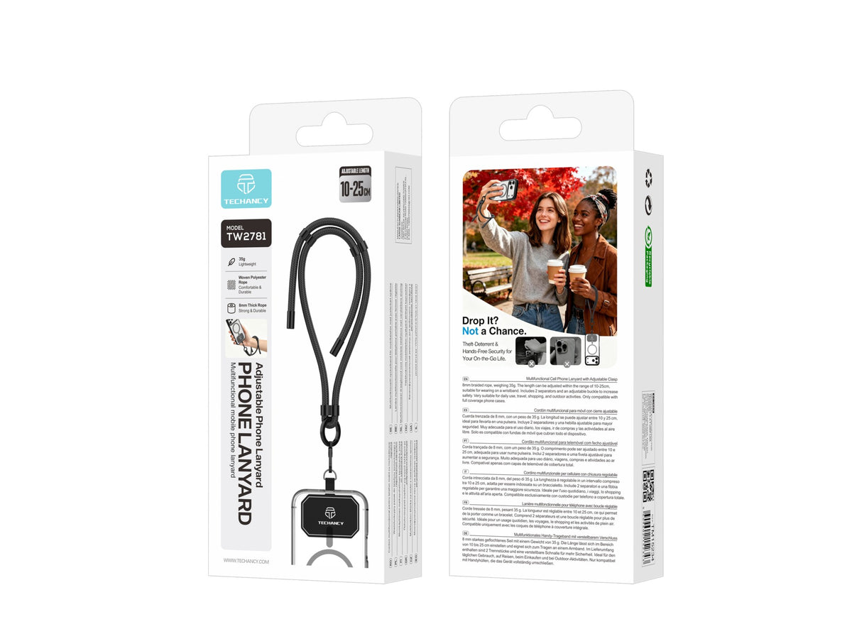 TECHANCY TW2781 Wrist Strap for Mobile Phone, Adjustable 10-25 cm, 8 mm Braided Cord, with 2 Snaps, Black